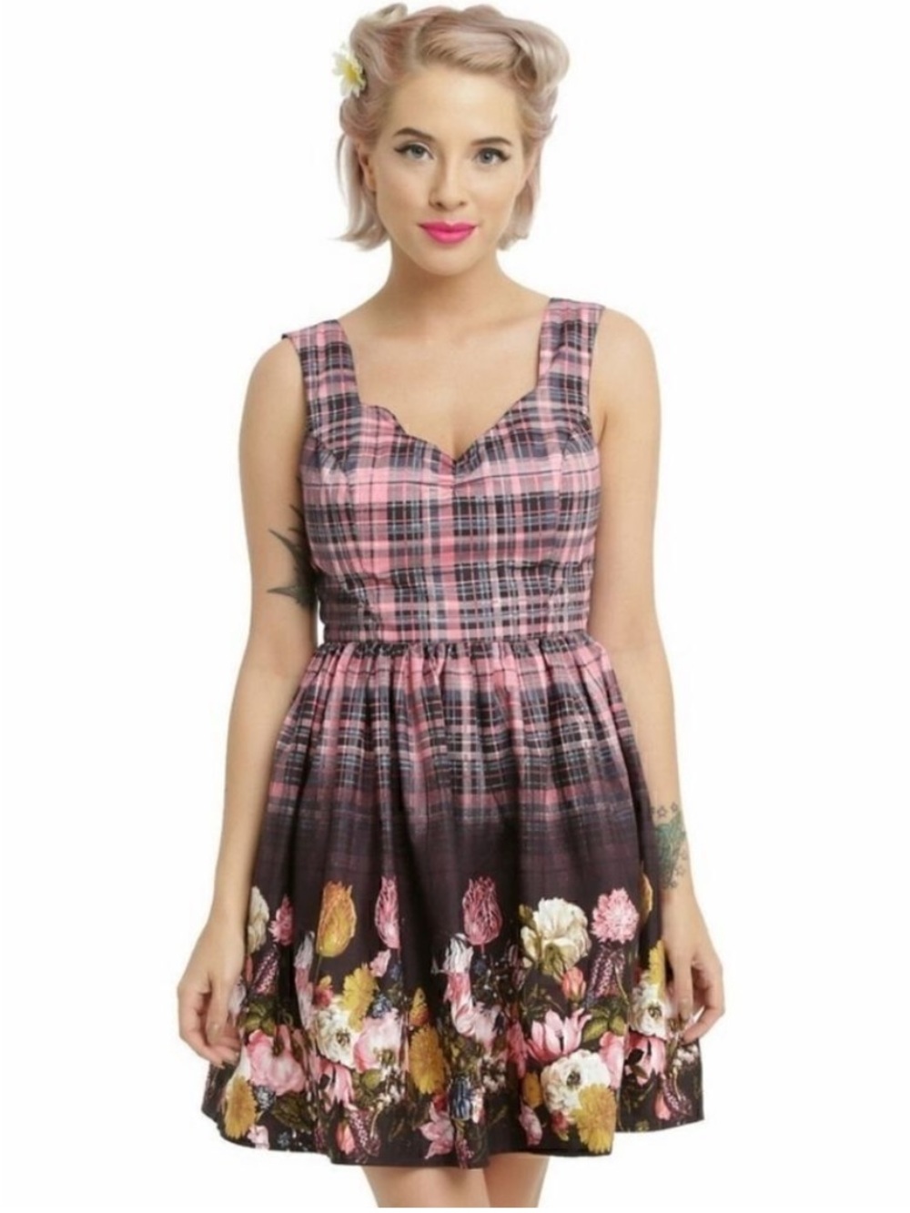 Hell‎ Bunny Vixen Pink & Black Plaid Sundress with Floral Border Size L